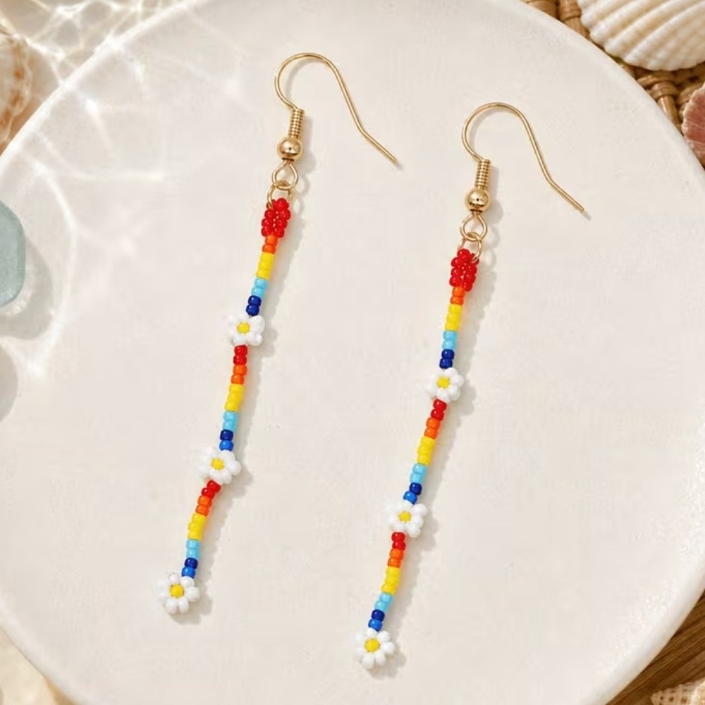 Multicolor Seed Bead Daisy Flower Dangle Earrings Boho Linear Drop 2.95 Inch